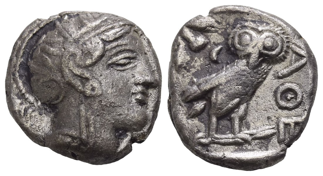 Pharaonic Kingdom of Egypt, Uncertain Pharaoh(s) AR Tetradrachm.: Late 5th-mid 4th centuries BC. Imitating Athens. Head of Athena with profile eye to right, wearing disc earring, pearl necklace and a crested Attic helmet adorned with three olive leaves and a pi-styl