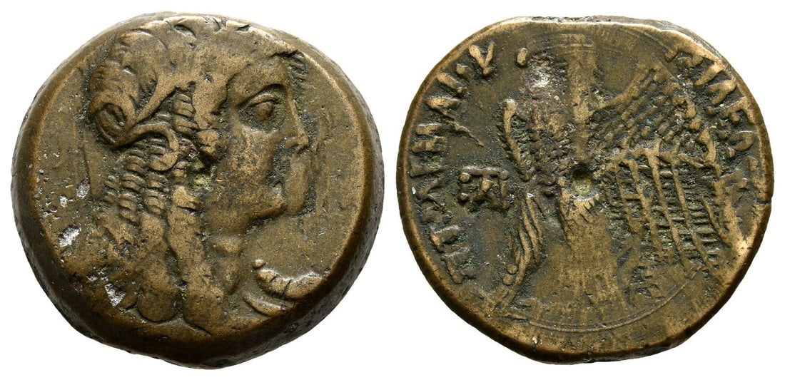 Ptolemaic Kingdom of Egypt, Ptolemy VI Philometor AE 26mm.: Second sole reign, 163-145 BC. Alexandreia mint. Series 7B. Head of Isis to right, wearing wreath of grain ears, and her hair in long curls / ?????????? ????????, eagle, with open wings, standing to l