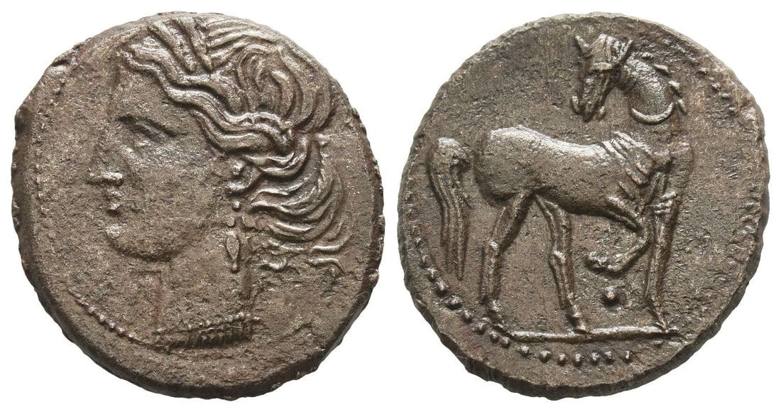 North Africa, Carthage AE 1 1/2 Shekels.: Second Punic War, circa 203-201 BC. Wreathed head of Tanit to left / Horse standing to right, head to left; pellet beneath bent foreleg. CNP 103a; MAA 81a; SNG Copenhagen 394. 8.86gr, 27mm, 12h. Prope