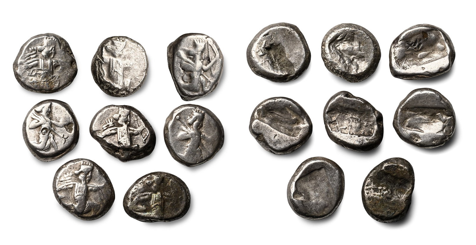 Group of Eight [8] AR Sigloi of Achaemenid Empire.: 5th-4th century BC. Comprising: various types and issues. 44.41gr total. Ex 'V' gentleman's collection, Switzerland. From the property of a North London, UK, gentleman. TimeLine Auctions follows a rig