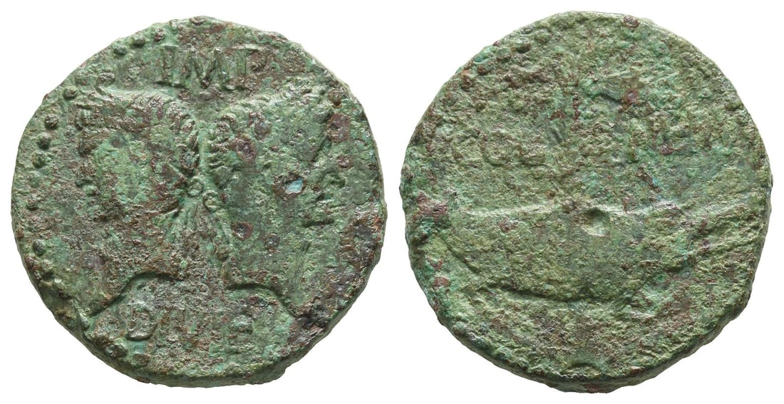 Augustus and Agrippa AE Dupondius of Nemausus, Gaul.: Circa 9/8-3 BC. Head of Agrippa to left, wearing rostral crown combined with laureate crown, back to back with head of Augustus to right, wearing oak wreath; IMP above, DIVI F below / Chained crocodil