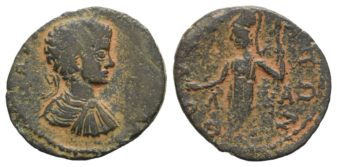 Geta, as Caesar AE Assarion of Thuria, Messenia.: AD 198-209. [?OV C?? ?ETAC K], bare-headed, draped and cuirassed bust right / ?OYPIAT?N ? - A, Athena standing left, holding spear and patera. BCD Peloponnesos 836. 4.21gr, 22mm, 6h. From the collecti