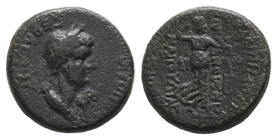 Poppaea, Augusta AE 16mm of Akmoneia, Phrygia.: AD 62. (Servenius Capito, Archon and Julia Severa). , draped bust of Poppaea to right, wearing wreath of grain ears; on shoulder, lion / around, upwards to right, (ligate) in fields, Artemis standing 