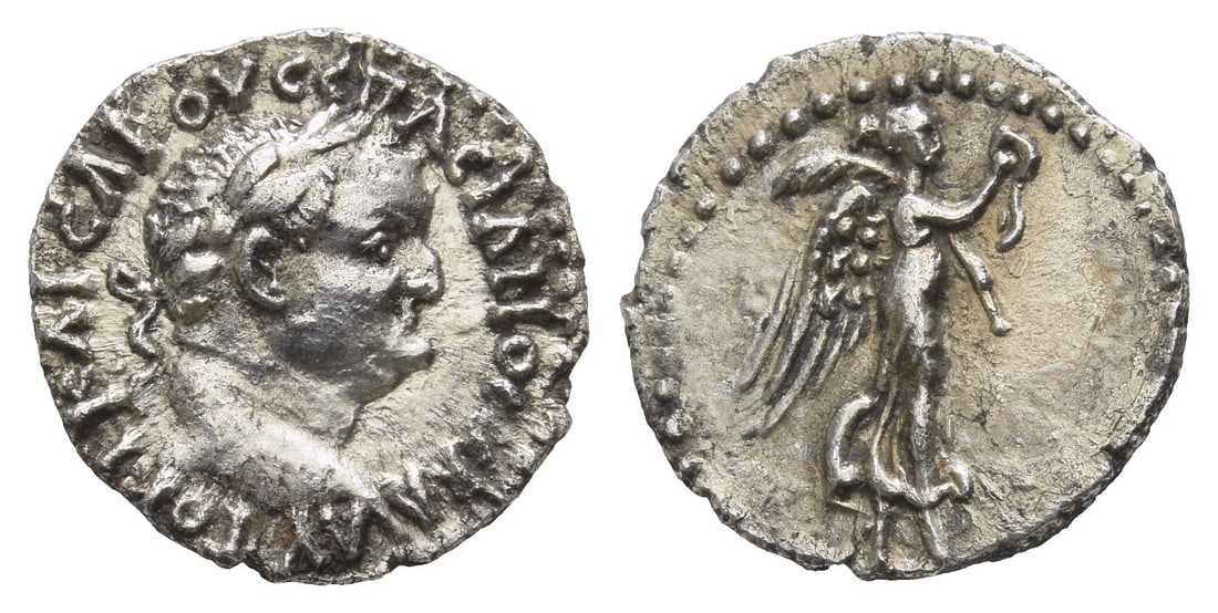 Vespasian AR Hemidrachm of Caesarea, Cappadocia.: AD 76-77. ?????? ???C?? ???C??C????C C???, laureate head to right / Nike advancing to right, holding wreath in right hand and palm in left. RPC II, 1659; Ganschow 71; SNG von Aulock 6362. 1.59gr, 15mm