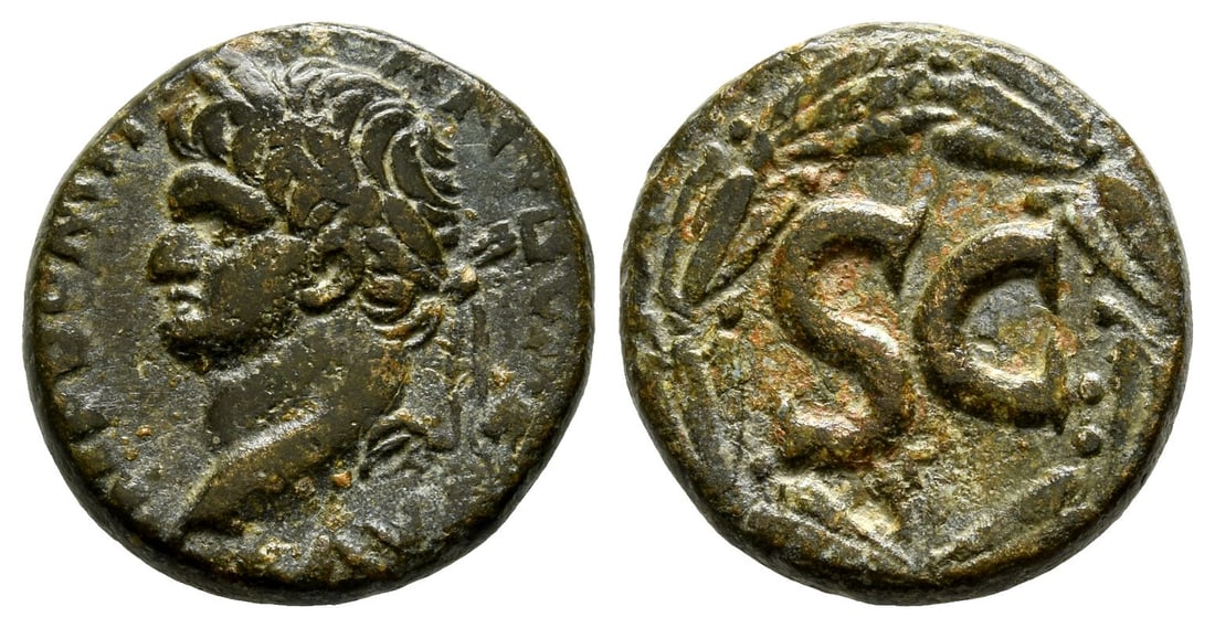 Domitian AE 19mm of Antioch, Seleucis and Pieria.: Struck AD 81-96. IMP DOMITI-ANVS CAES AVG, laureate head to left / S C, ? below; all within wreath. RPC II, 2024; McAlee 412c. 6.18gr, 19mm, 12h. Property of a Cambridgeshire, UK, gentleman. TimeLine 