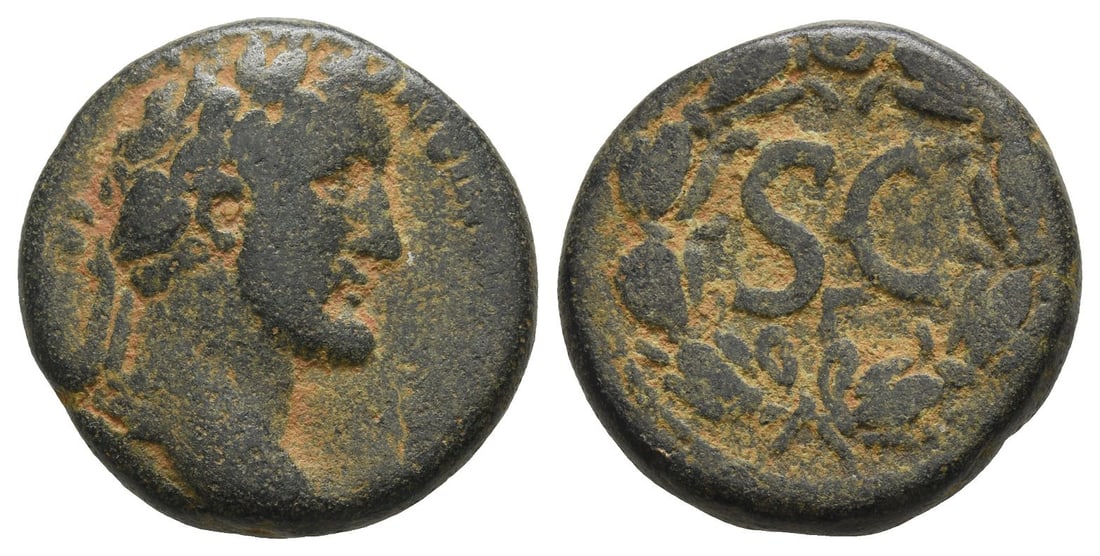 Antoninus Pius AE 'As' of Antioch, Seleucis and Pieria.: AD 138-161. laureate head to right / Large S C; below, all within wreath. Cf. RPC IV.3 Online 6999; cf. McAlee 555c. 11.47gr, 22mm, 12h. From the collection of a gentleman, acquired on the London art 