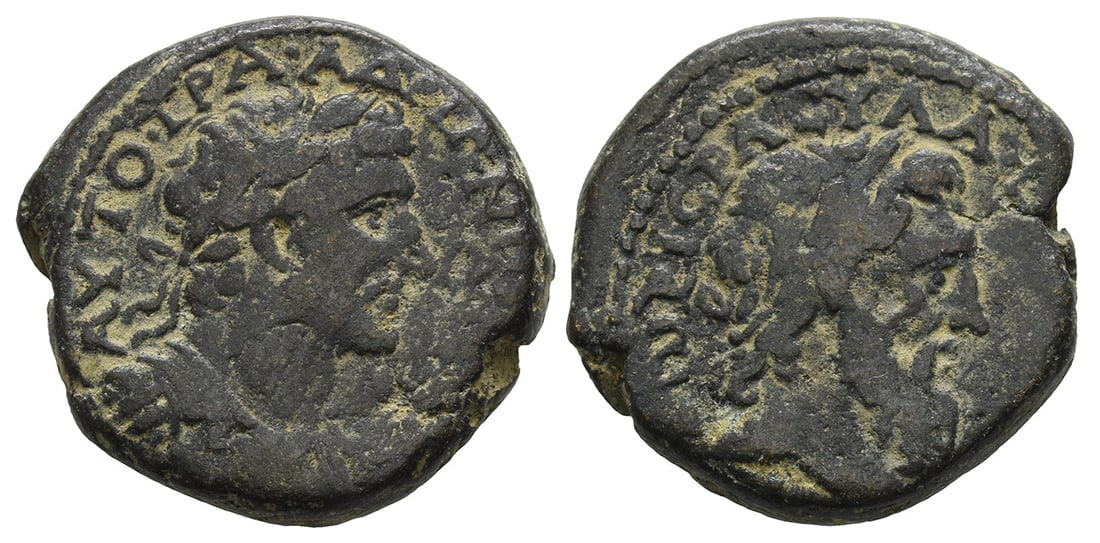 Hadrian AE 25mm of Dora, Phoenicia.: Dated CY 180 (AD 117/8). laureate and cuirassed bust to right / laureate head of Doros to right; [aphlaston? befo], [date below]. Cf. RPC III, 3919; cf. Meshorer 37; cf. Sofaer 33. 13.29gr, 25mm, 2h. 
