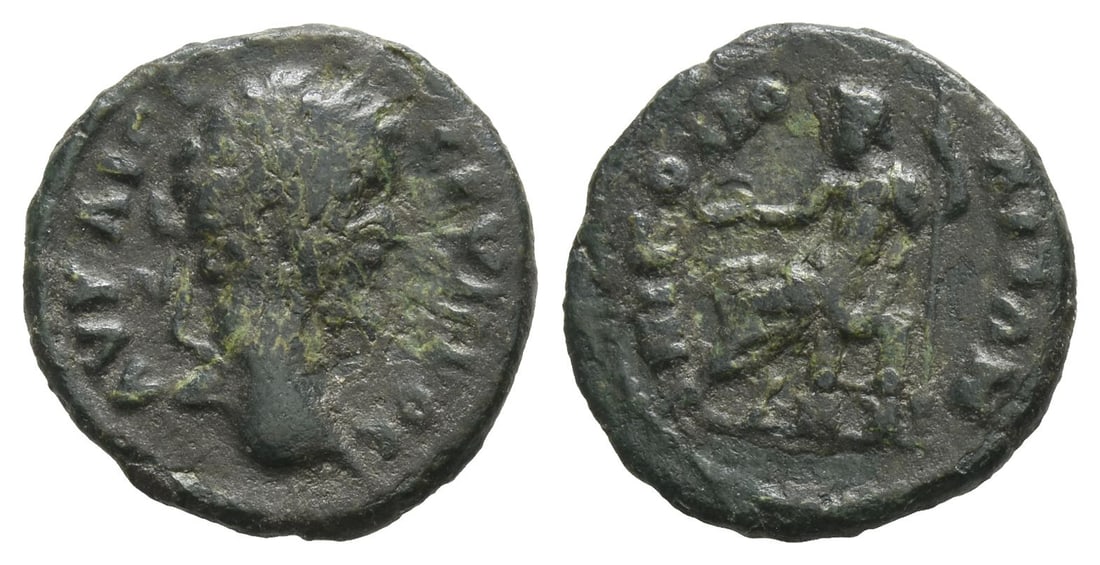 Septimius Severus AE Assarion of Nicopolis ad Istrum, Moesia Inferior.: AD 193-211. ?? ? ?I CE CEYHPOC, laureate head to right / NIKO???????, Zeus seated to left, holding patera and long sceptre. HH&J, Nikopolis 8.14.1.20; AMNG 1346; Varbanov 2461. 2.58gr, 17mm, 7h. From 