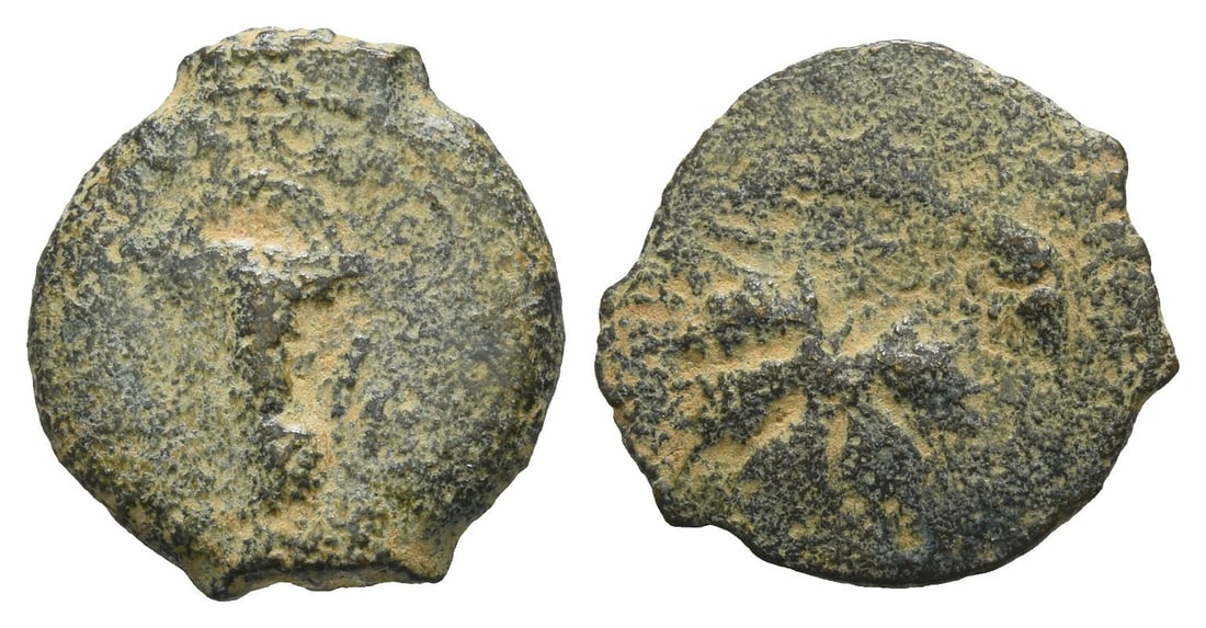 Judaea. Procurators, Valerius Gratus AE Prutah.: Dated RY 4 of Tiberius (17/8 CE). Jerusalem mint. Kantharos with scroll handles; [L ? (date) across lower field] / Grape leaf on branch with tendrils. Cf. RPC I, 4962; cf. Meshorer 325; cf. Hendin 636