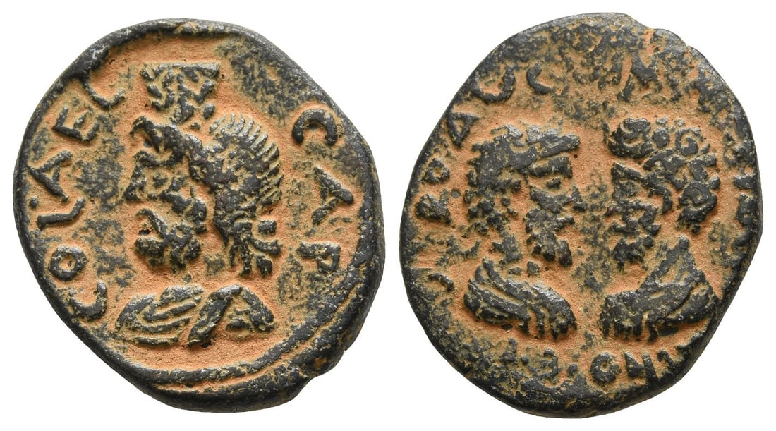 Marcus Aurelius and Lucius Verus AE 24mm of Aelia Capitolina (Jerusalem), Judaea.: AD 161-169. IMP CAES ANTONINO ET VERO AVG, confronted busts of Marcus and Lucius, each laureate, draped, and cuirassed / COL • AEL CAP, draped bust of Serapis to left, wearing kalathos. RPC IV.3,