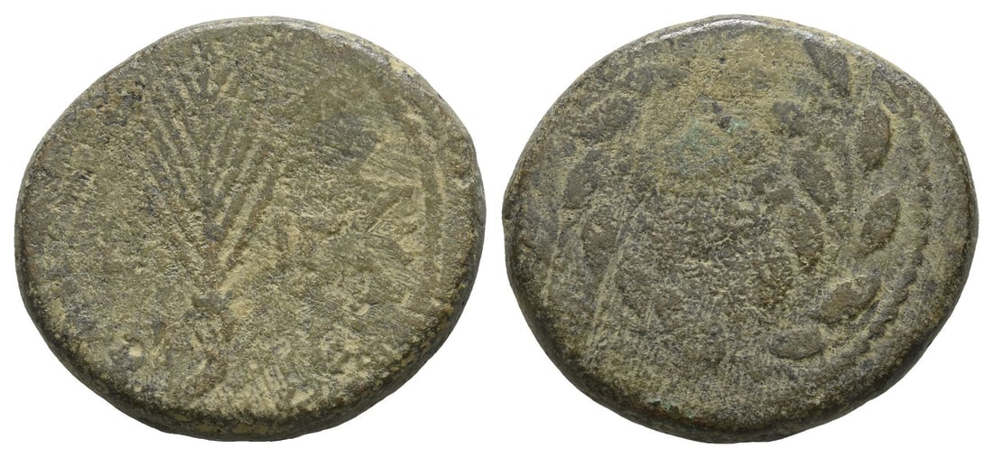 Judaea. Herodians, Agrippa II, with Claudius AE Unit.: Dated RY 13 (53/4 CE). Tiberias mint. ???????? ????????, palm branch; L I? (date) across field / [TIBEPIAC] in two lines within wreath. RPC I, 4852; Meshorer 348; Hendin 6297; Sofaer 80 (Interim Perio