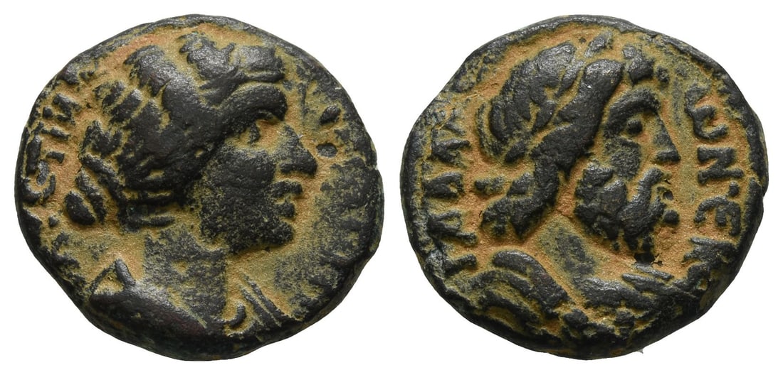 Faustina II AE 20mm of Gadara, Decapolis.: Dated CY 225 (AD 161/2). draped bust to right /diademed and draped bust of Zeus to right. RPC IV.3, 6675 (temporary); Rosenberger 51; Sofaer 44; Spijkerman 49. 6.34gr, 20mm, 6h. [No Reserve] From the 