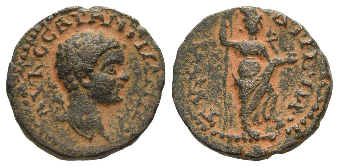 Elagabalus AE 19mm of Adraa, Arabia.: AD 218-222. AV K?CAP ANTWNINO, laureate head to right / ??? • A-????W •, Tyche of the City(?) standing to right, holding cornucopia and long sceptre and placing foot on river god swimming to