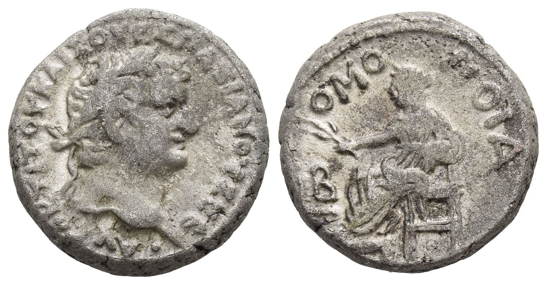 Titus BI Tetradrachm of Alexandria, Egypt.: Dated RY 2 (AD 79/80). • ????? ????? ???? ???????????? ???, laureate head to right / OMO-NOIA, Homonoia seated to left, holding olive branch and resting elbow on armrest; L B (date) to left. RPC 