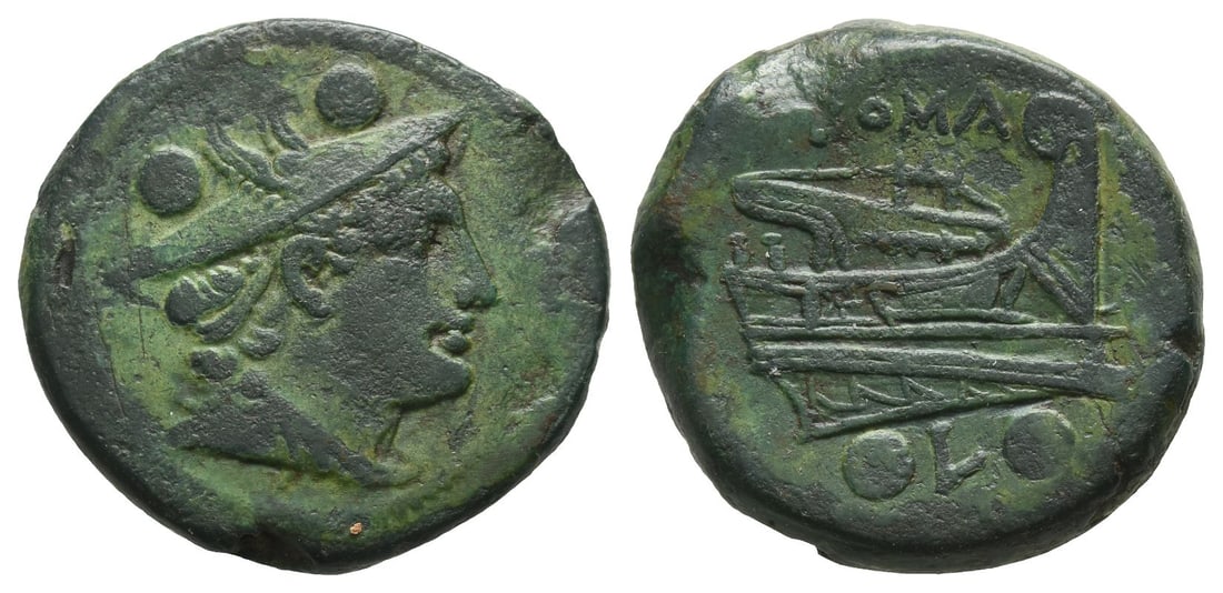 Anonymous AE Sextans.: 214-212 BC. Luceria mint. L series. Head of Mercury to right, two pellets (mark of value) above / Prow to right, ROMA above, L between two pellets (mark of value) below. Crawford 43/4; Sydenham 128. 1