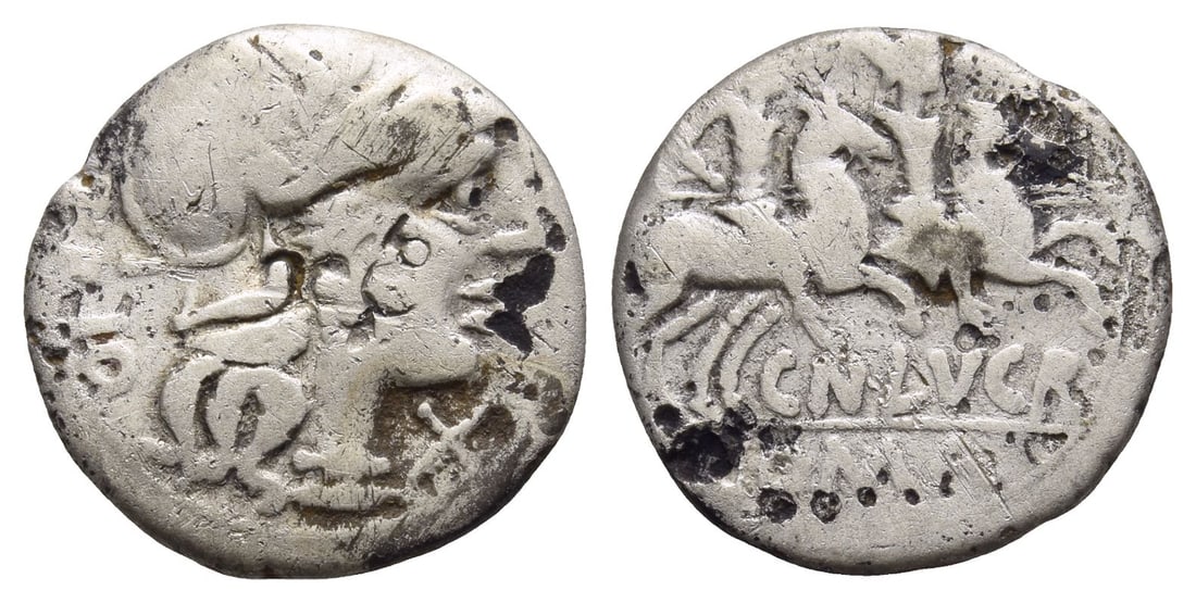 Cn. Lucretius Trio AR Plated Denarius.: 136 BC. Rome mint. Helmeted head of Roma to right; TRIO downwards behind, X (mark of value) beneath chin / The Dioscuri riding to right, each holding spear; CN•LVCR below, ROMA in exergue. Crawfo