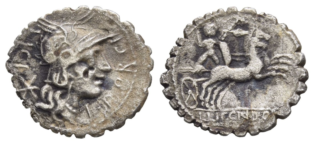L. Porcius Licinus AR Serrate Denarius.: 118 BC. Struck in Narbo to commemorate the foundation of the city. L • PORCI LICI, helmeted head of Roma to right; behind head, monogram of XVI [mark of value {16 asses)] / L • LIC • CN