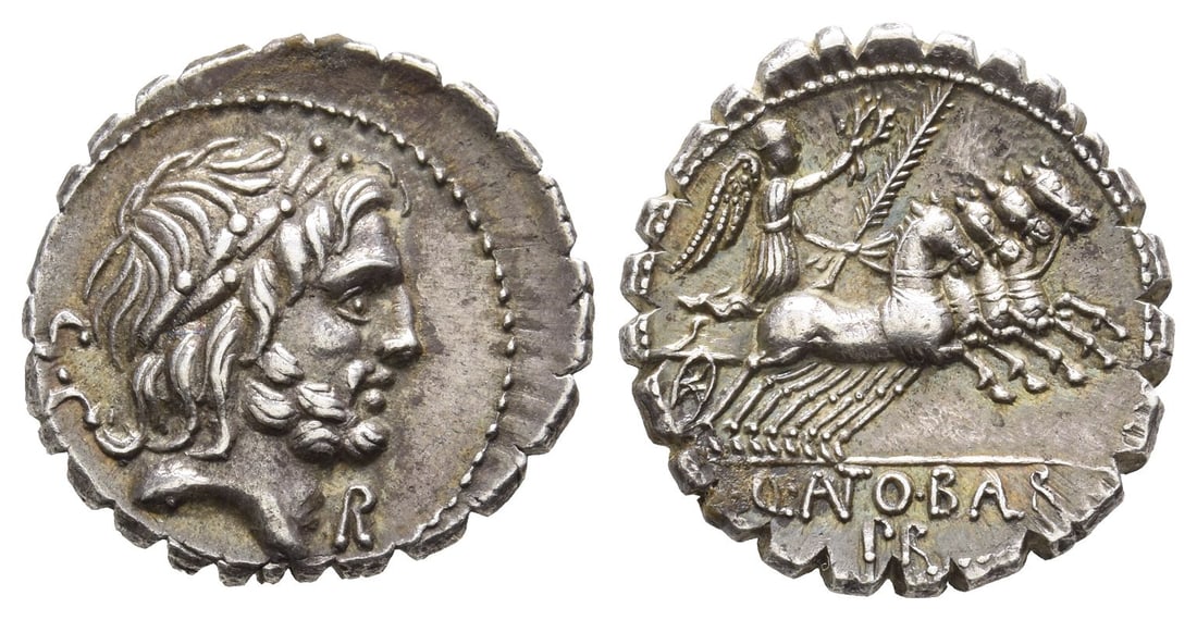 Q. Antonius Balbus AR Serrate Denarius.: 83-82 BC. Rome mint. Laureate head of Jupiter to right; S•C behind, R (control letter) before / Victory driving quadriga to right, holding reins, wreath, and palm frond; Q•ANTO•BALB PR 