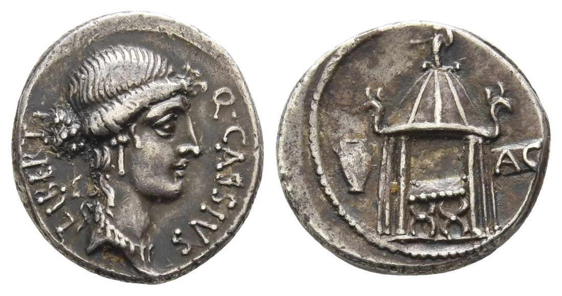 Q. Cassius Longinus AR Denarius.: 55 BC. Rome mint. Head of Libertas to right; LIBERT upwards behind, Q•CASSIVS downwards before / Curule chair within temple of Vesta; urn to left, voting tablet inscribed AC (Absolvo Condemno) to