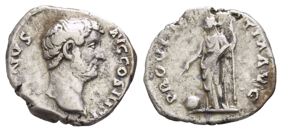 Hadrian AR Denarius: Struck AD 137-July 138. Rome mint. HADRIANVS AVG COS III P P, bare head to right / PROVIDENTIA AVG, Providentia standing facing, head to left, holding wand over globe in her outstretched right hand an