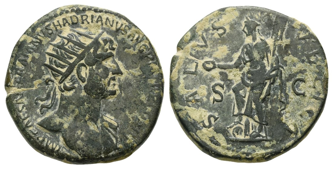 Hadrian AE Dupondius.: Struck AD 119-circa mid 120. Rome mint. IMP CAESAR TRAIANVS HADRIANVS AVG P M TR P COS III, radiate bust to right, slight drapery over far shoulder / SALVS PVBLICA, Salus standing to left, her right f