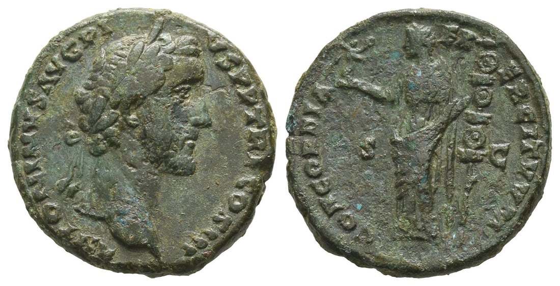 Antoninus Pius AE As.: AD 140-144. Rome mint. ANTONINVS AVG PIVS P P TR P COS III, laureate head to right / CONCORDIA EXERCITVVM, Concordia standing facing, head to left, holding Victory on outstretched right hand and aquil