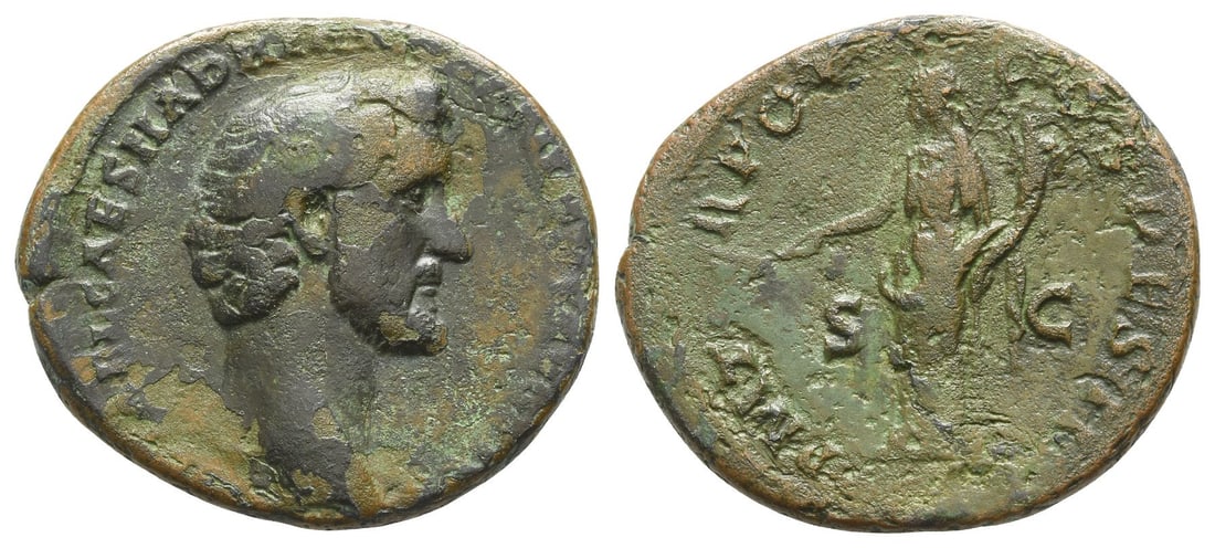 Antoninus Pius AE As.: AD 138. Rome mint. IMP T AEL CAES HADRI ANTONINVS AVG PIVS, bare head to right / P M TR POT COS DES II, Pax standing to left, holding branch and cornucopia. RIC III 526a. 10.11gr, 30mm, 6h. Acquired o