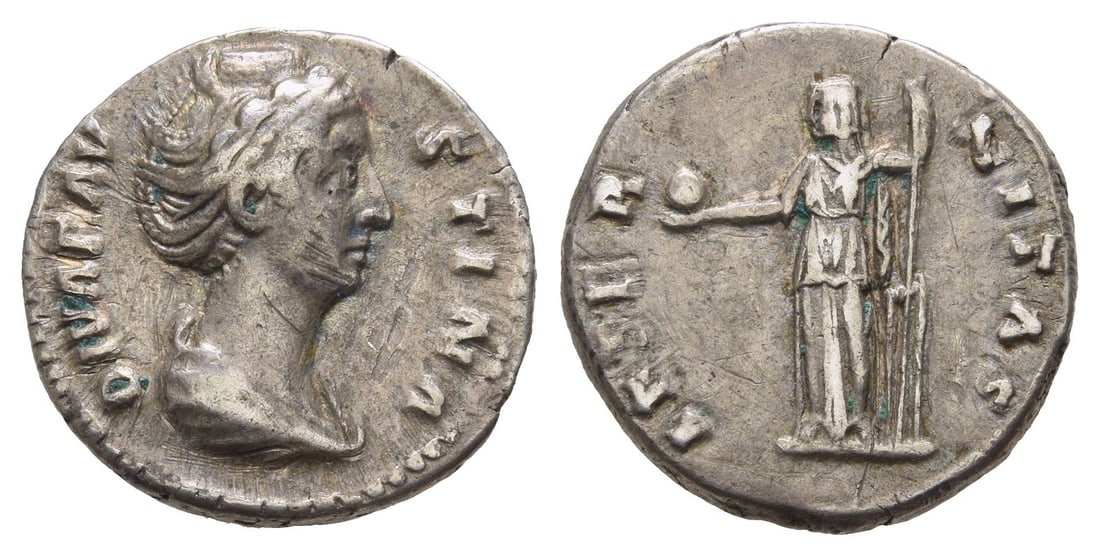 Diva Faustina I AR Denarius.: Struck after AD 141. Rome mint. DIVA FAV-STINA, veiled and draped bust to right, with hair bound on top of head / AETER-NITAS, Fortuna standing to left, holding rudder and globe in outstretched right 