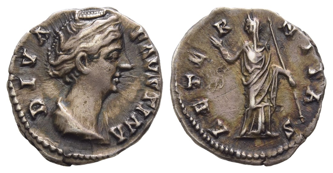 Diva Faustina I AR Denarius.: Struck after AD 141. Rome mint. DIVA FAVSTINA, draped bust to right / AETERNITAS, Juno(?) standing facing, head to left, extending right hand and holding long sceptre with left. RIC III 344 (Pius); BM