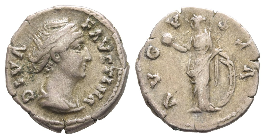Diva Faustina I AR Denarius.: After circa AD 146. Rome mint. DIVA FAVSTINA, diademed and draped bust to right / AVGVSTA, Venus standing facing, head to left, holding globe in her right hand and placing her left on shield set on th