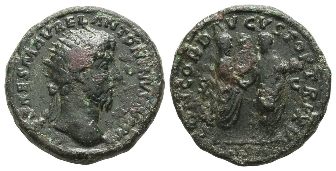 Marcus Aurelius AE Dupondius.: AD 161-162. Rome mint. IMP CAES M AVREL ANTONINVS AVG P M, radiate head to right / CONCORD AVGVSTOR TR P XVI, Marcus Aurelius and Lucius Verus standing with clasped hands; S C across fields, COS III i
