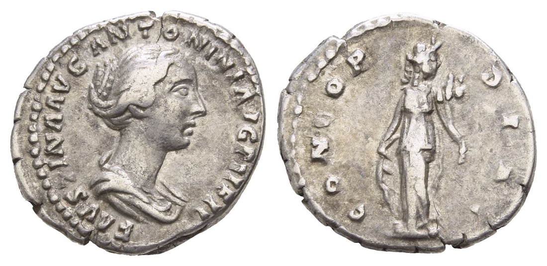 Faustina II AR Denarius.: AD 149-152. Rome mint. FAVSTINA AVG ANTONINI AVG PII FIL, draped bust to right / CONCORDIA, Concordia standing facing, head to right, holding cornucopia and raising skirt. RIC III 500b (Pius); BMCRE 1