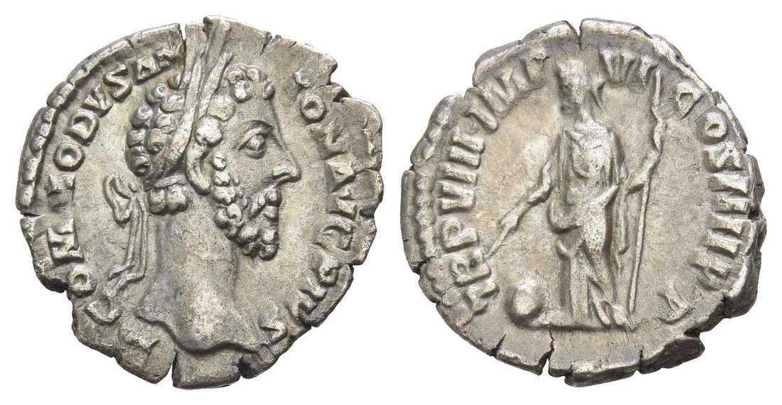 Commodus AR Denarius.: AD 183. Rome mint. M COMMODVS ANTON AVG PIVS, laureate head to right / TR P VIII • IMP VI COS IIII P P, Providentia standing facing, head to left, holding wand over globe in her right hand and la