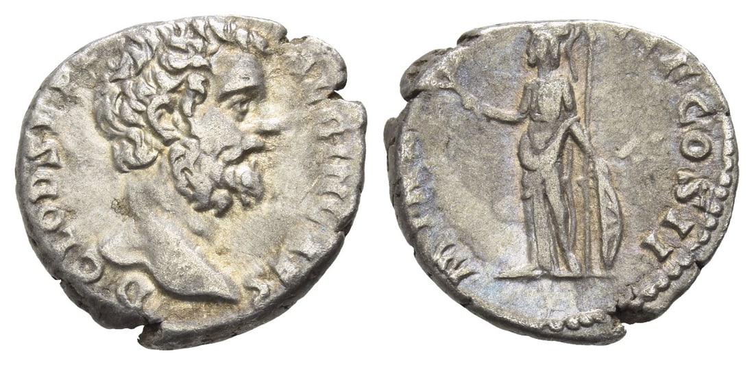Clodius Albinus, as Caesar AR Denarius.: AD 194-195. Rome mint. D CLOD SEPT ALBIN CAES, bare head to right / MINER PACIF COS II, Minerva, helmeted, standing to left, holding olive branch and shield set on ground; spear leaning against her ar