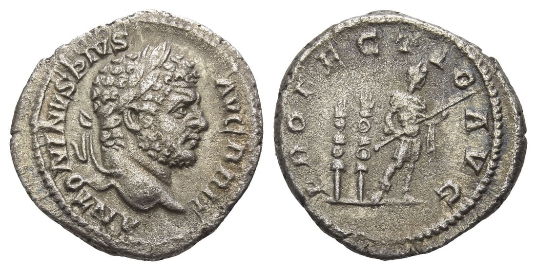 Caracalla AR Denarius.: AD 210-213. Rome mint. ANTONINVS PIVS AVG BRIT, laureate head to right / PROFECTIO AVG, Caracalla standing to right, holding transverse spear, two standards behind him, each surmounted by a hand. RIC 