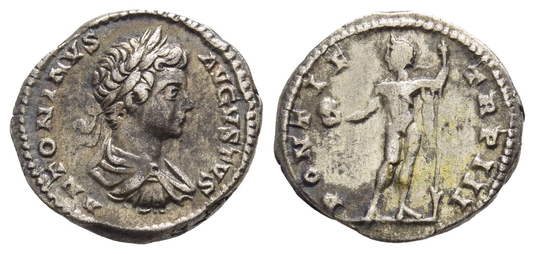 Caracalla AR Denarius.: AD 200. Rome mint. ANTONINVS AVGVSTVS, laureate, draped and cuirassed bust to right / PONTIF TR P III, Sol standing facing, head to left, holding globe and spear. RIC IV 30; BMCRE 179-183 (Septimius a