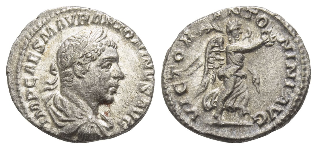 Elagabalus AR Denarius.: AD 218-219. Rome mint. IMP CAES M AVR ANTONINVS AVG, laureate, draped and cuirassed bust to right / VICTOR ANTONINI AVG, Victory advancing to right, holding wreath and palm. RIC IV 156; BMCRE 37; RSC 