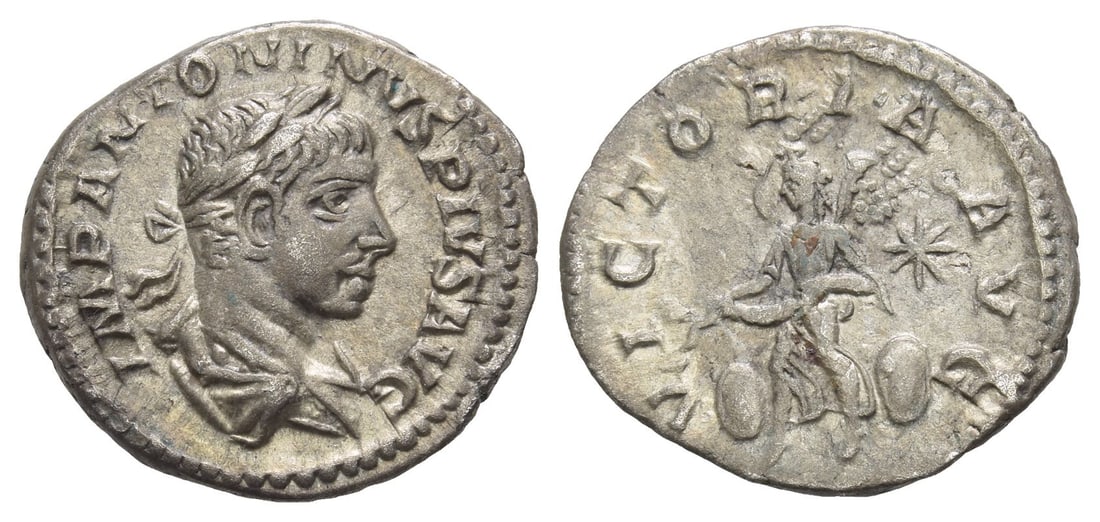 Elagabalus AR Denarius.: AD 220-222. Rome mint. IMP ANTONINVS PIVS AVG, laureate and draped bust to right / VICTORIA AVG, Victory flying to right, holding garland, shield at either side of feet; star in right field. RIC IV 16