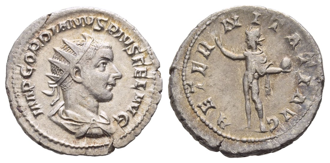 Gordian III AR Antoninianus.: AD 241-243. Rome mint. IMP GORDIANVS PIVS FEL AVG, radiate, draped and cuirassed bust to right / AETERNITATI AVG, Sol standing to left, raising hand and holding globe. RIC IV 83; RSC 41. 4.01gr, 23mm,