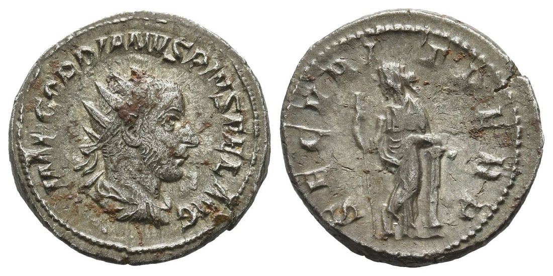 Gordian III AR Antoninianus.: AD 243-244. Rome mint. IMP GORDIANVS PIVS FEL AVG, radiate, draped and cuirassed bust to right / SECVRIT PERP, Securitas standing facing, head to left, her legs crossed, holding long sceptre in her ri