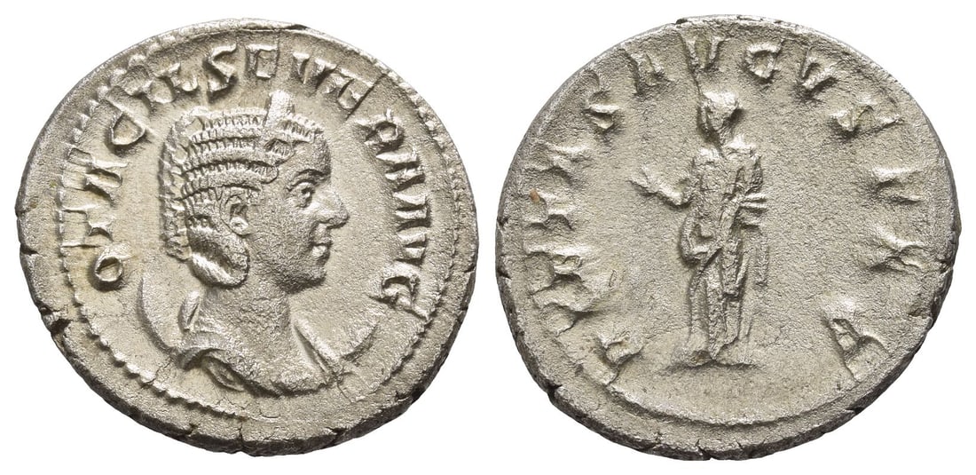 Otacilia Severa AR Antoninianus.: AD 244-249. Rome mint. OTACIL SEVERA AVG, diademed and draped bust to right, set on crescent / PIETAS AVGVSTAE, Pietas standing to left, holding hem of skirt and incense box. RIC 130. 5.52gr, 24mm, 12