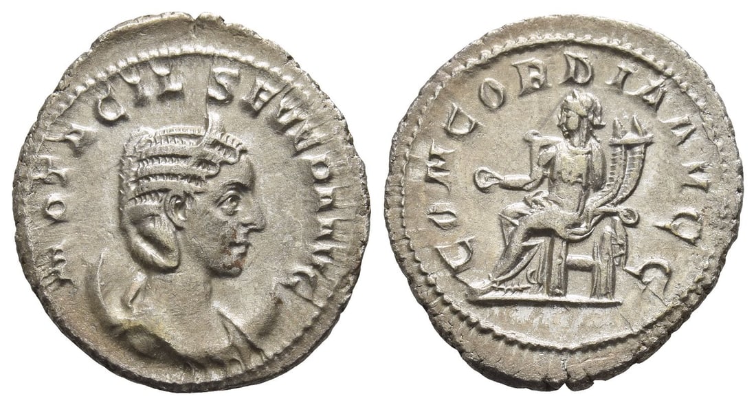 Otacilia Severa, Augusta AR Antoninianus.: Struck AD 246-248. Rome mint. M OTACIL SEVERA AVG, diademed and draped bust to right, set on crescent / CONCORDIA AVGG, Concordia seated to left, holding patera and double cornucopiae. RIC IV 125c (Ph