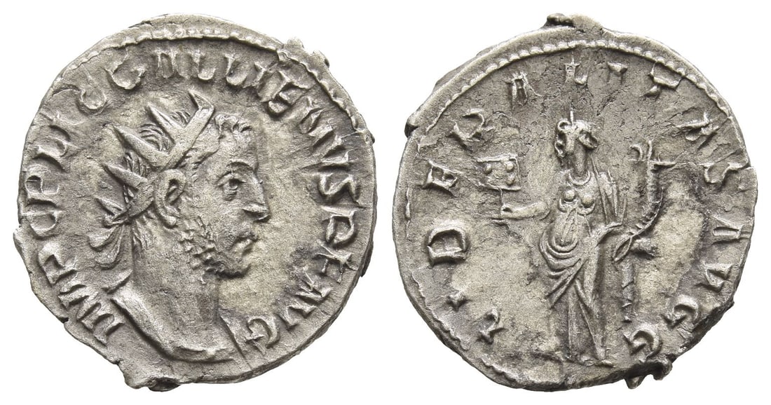 Gallienus AR Antoninianus.: AD 254-255. Rome mint. IMP C P LIC GALLIENVS P F AVG, radiate and cuirassed bust to right / LIBERALITAS AVGG, Liberalitas standing facing, head to left, holding counting-board in her right hand and co