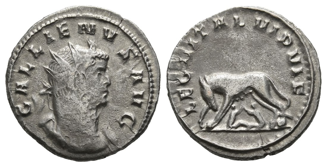 Gallienus BI Antoninianus.: AD 261. Mediolanum mint. Legionary series issue. 2nd emission. GALLIENVS AVG, radiate, draped, and cuirassed bust to right / LEG II ITAL VI P VI F, she-wolf standing to right, head facing, suckling th