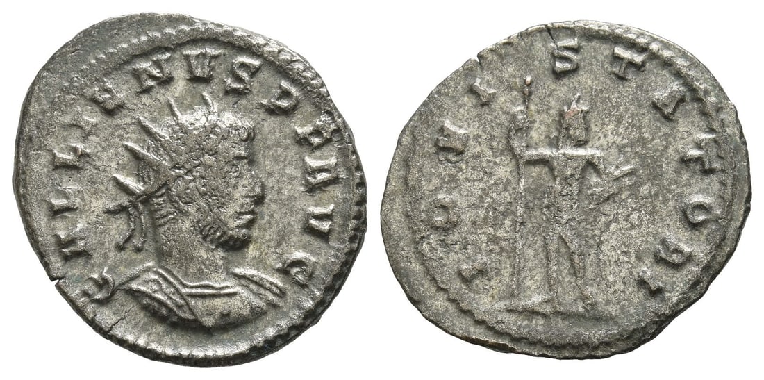 Gallienus BI Antoninianus.: Struck AD 260-267. Antioch mint. GALLIENVS P F AVG, radiate and cuirassed bust to right / IOVI STATORI, Jupiter standing to left, looking to right, holding thunderbolt and sceptre. RIC 644F; Goebl 161