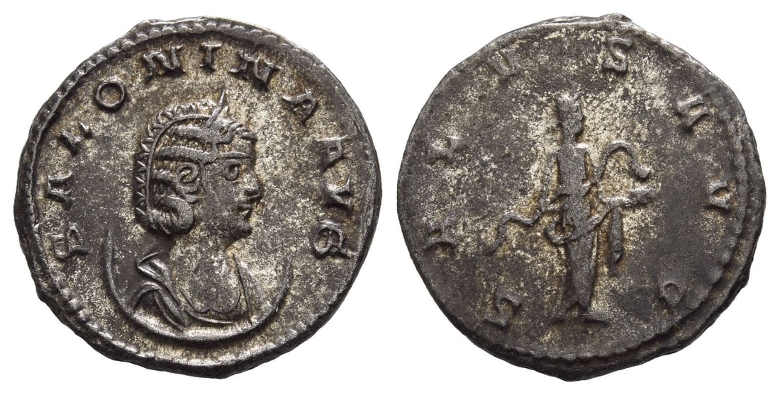 Salonina, Augusta BI Antoninianus.: AD 266-267. Antioch mint. SALONINA AVG, diademed and draped bust to right, set on crescent / SALVS AVG, Salus standing facing, head to right, feeding serpent out of patera. RIC V.1 (Gallienus) 88 var.