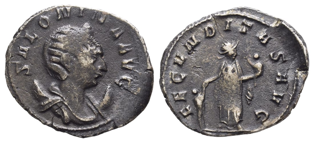 Salonina, Augusta BI Antoninianus.: AD 254-268. Mediolanum mint. SALONINA AVG, diademed and draped bust to right, set on crescent / FECVNDITAS AVG, Fecunditas standing facing, head to right, holding infant and extending hand to child st
