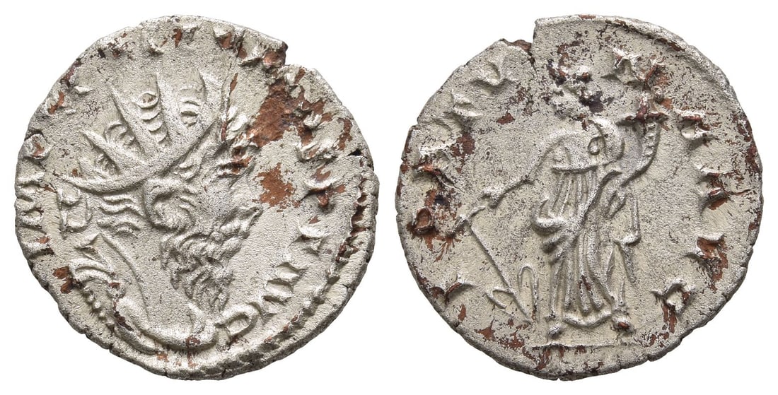 Postumus, Romano-Gallic Emperor BI Antoninianus.: AD 266-267. Treveri mint. IMP C POSTVMVS P F AVG, radiate, draped and cuirassed bust to right / FORTVNA AVG, Fortuna standing to left, holding rudder and cornucopia. RIC V.2 60 (Lugdunum); RSC 80. 2.4