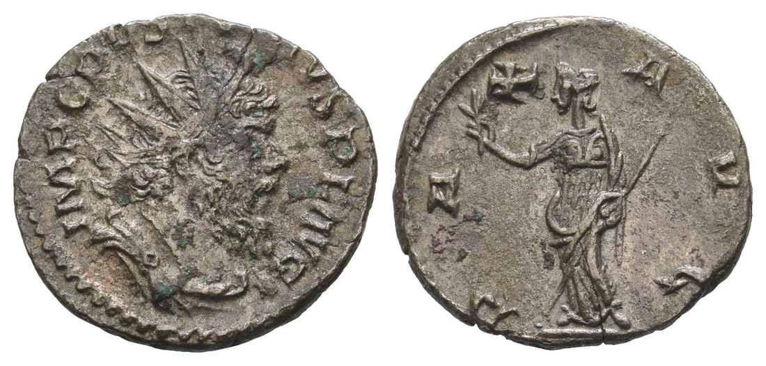 Postumus, Romano-Gallic Emperor BI Antoninianus.: AD 260-269. Treveri mint. IMP C POSTVMVS P F AVG, radiate, draped and cuirassed bust to right / PAX AVG, Pax standing to left, holding branch and sceptre. RIC 399. 3.28gr, 20mm, 6h. Property of a Lond