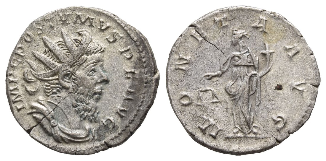Postumus, Romano-Gallic Emperor BI Antoninianus.: Struck AD 262-263. Treveri mint. IMP C POSTVMVS P F AVG, radiate, draped and cuirassed bust to right / MONETA AVG, Moneta standing facing, head to left, holding scales and cornucopia. RIC V.2 75 (Lugd